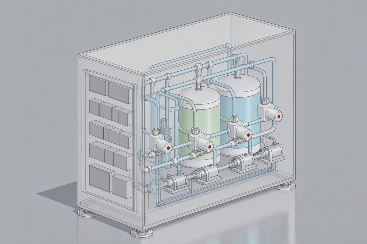 3D 設計示意圖（非客戶實績）：管路配置模板——透明機殼呈現內部管路走向、閥件與泵浦配置
