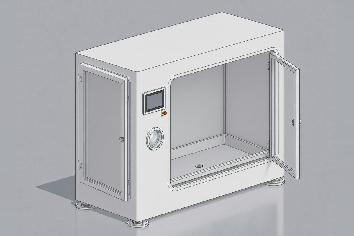 3D 設計示意圖（非客戶實績）：耐酸鹼機殼設計——耐酸鹼機殼外觀，雙側門開啟可見內部空腔與底部集液盤